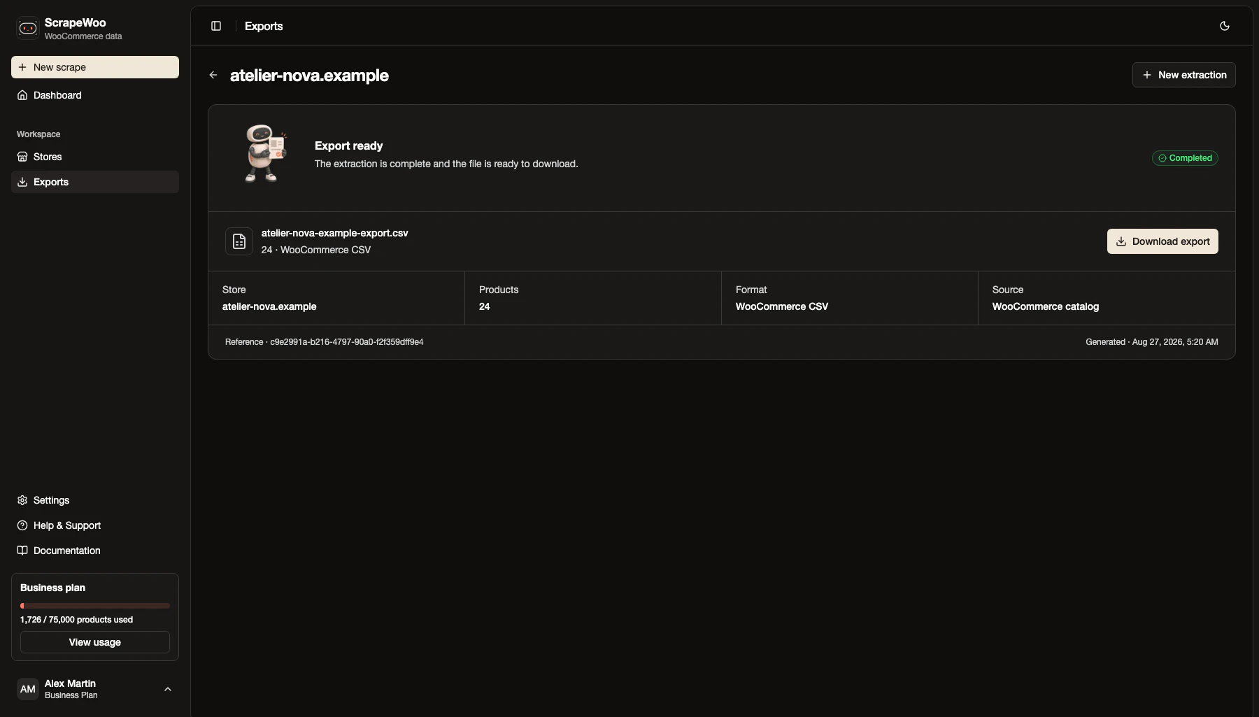 ScrapeWoo export screen showing a completed WooCommerce catalog extraction ready to download.