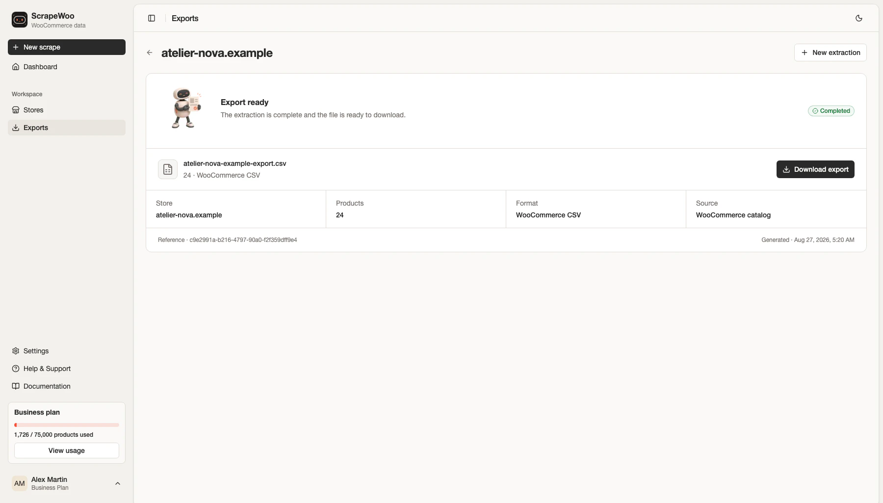 ScrapeWoo export screen showing a completed WooCommerce catalog extraction ready to download.